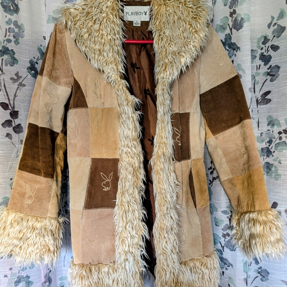 PLAYBOY Jackets & Blazers - Women’s Patchwork Suede Coat with Faux Fur Trim - Taupe & Brown